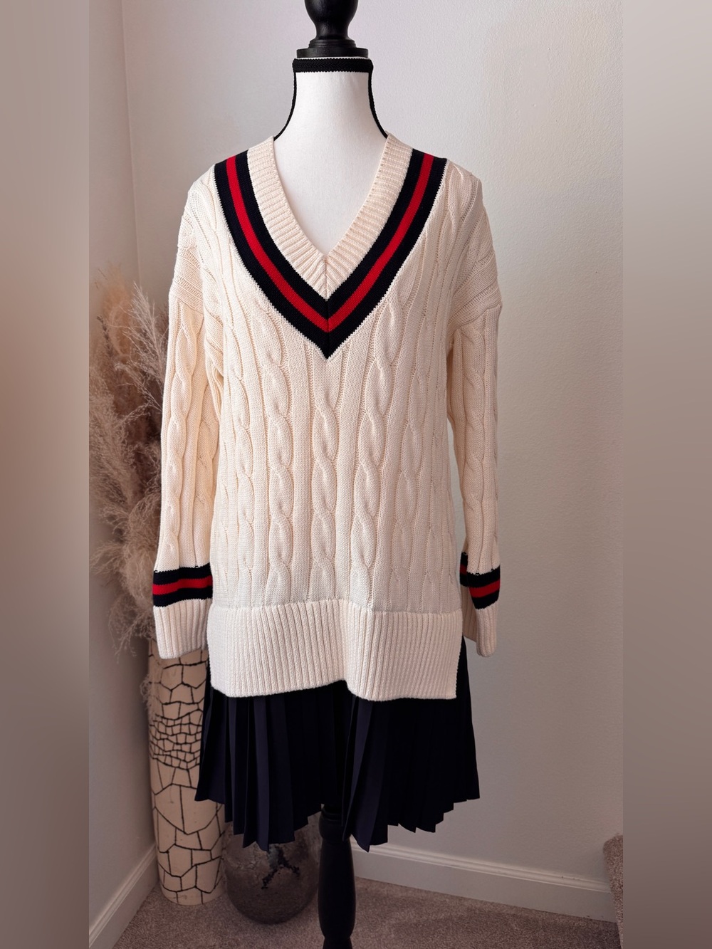 English Factory Cable-Knit Pleated V-Neck Sweater with Red and Navy Stripes
